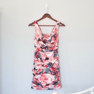 Express Satin Floral Ruched Bodycon Dress